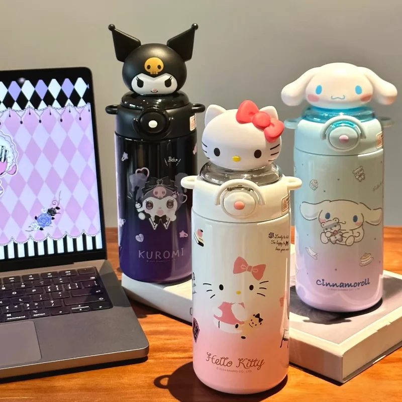 

In Stock Cute Kuromi Cinnamoroll Pochacco Thermos Cup Cute Water Bottle Keeps Cold Stainless Steel Children Straw Students