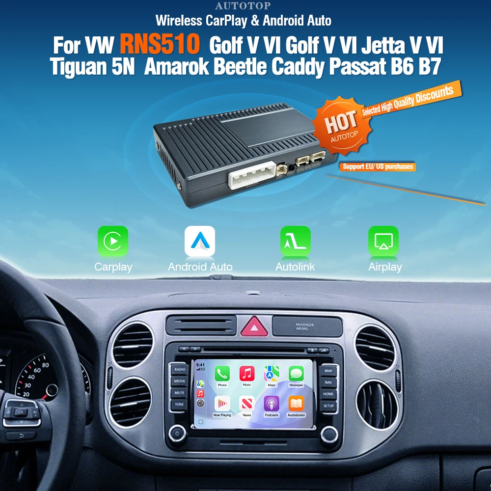 AUTOTOP Boîtier AI sans fil CarPlay Android Auto pour Volkswagen Golf 6 Jetta Tiguan Amarok Beetle Passat B6 B7 Skoda RNS510 Series