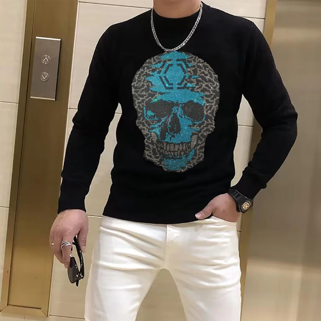 Men\'s Sweater Winter New Trendy Brand Skull Rhinestone Design Woolen Pullover Plus Size Streetwear  Hip-hop Tops Causal Clothing