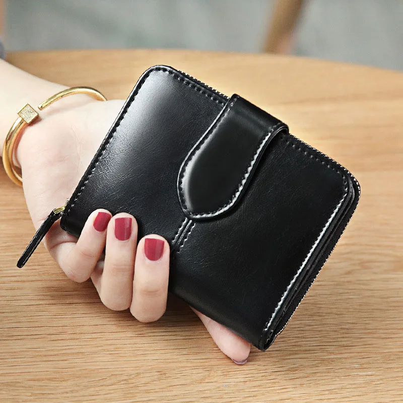 Oil Wax Women Wallet Genuine Leather Small Short Zipper Card Holders Coin Purses Red Wallets for Women High Quality RFID Wallet