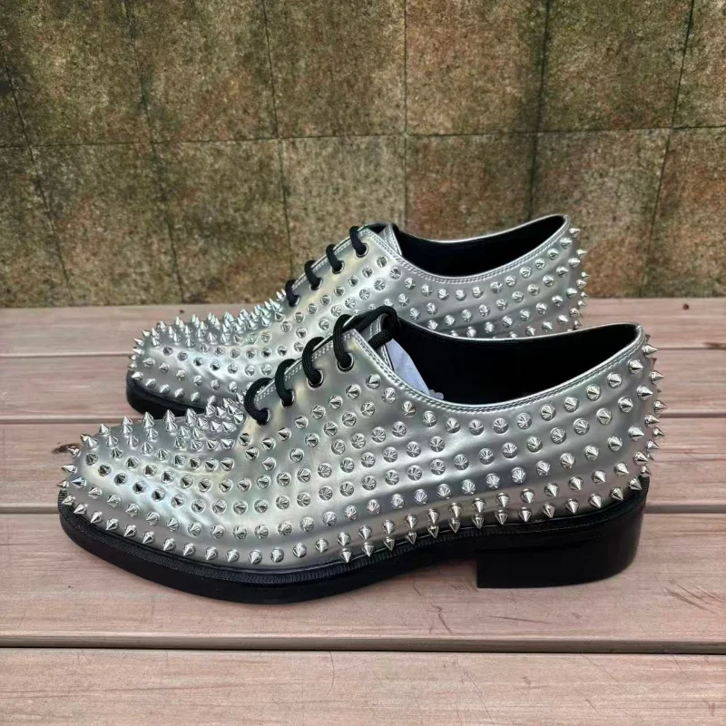 SHOOEGLE High Quality Silver Men Lace-up Studs Rivets Shoes Trending Luxury Young Party Wedding Dress Shoes for Man Size EU38-47