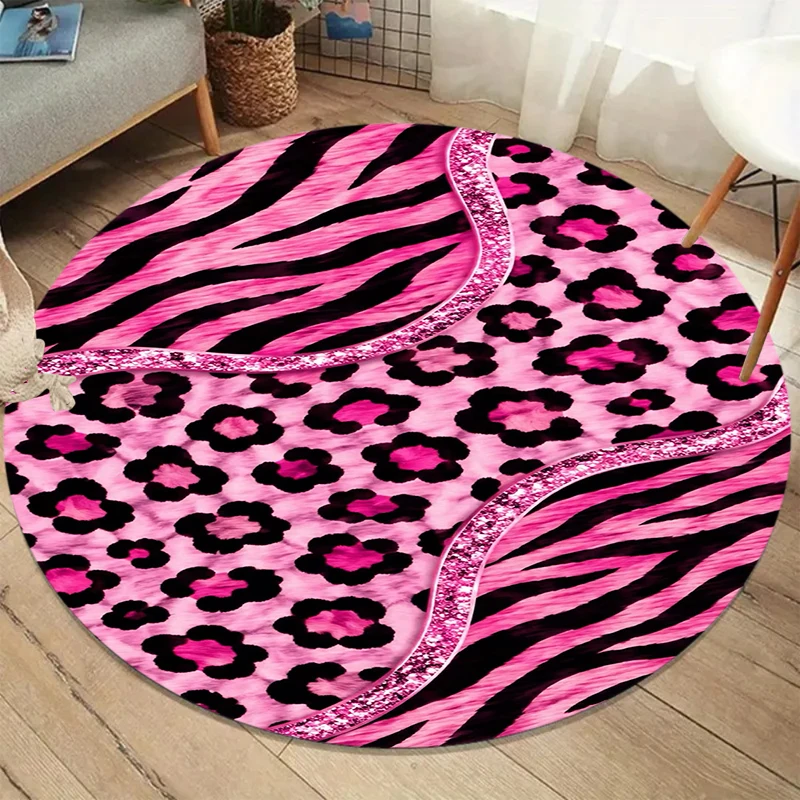 Pink Leopard Zebra Mix Print Round Rug Glitter Trim Animal Pattern Carpet for Living Room Bedroom Home Decor