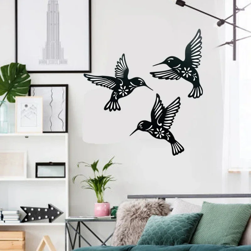3-Piece Set/Set Black Metal Hummingbird Wall Decoration Hollow Iron Art Bird Sculpture Ornament Waterproof Hanging Small Statue