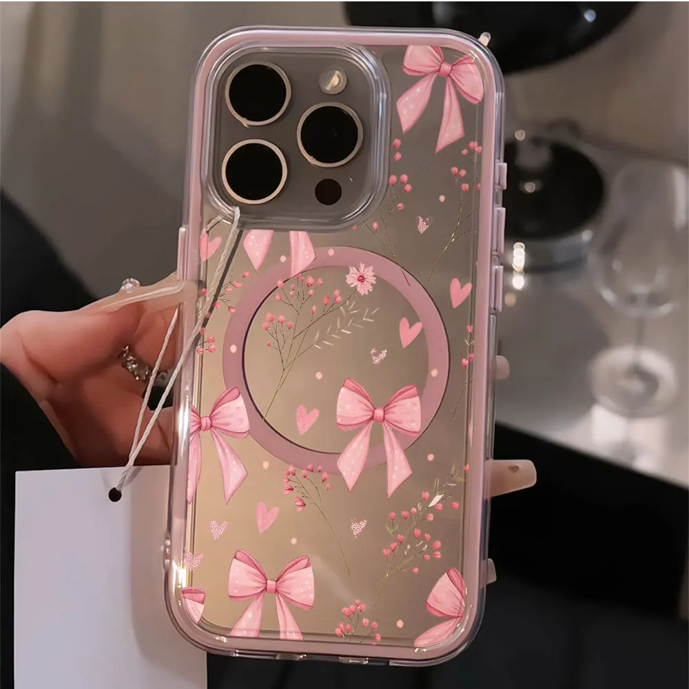 Wireless charge Pink Bow Flower Phone Case For Samsung Galaxy S26 S25 Ultra FE S24 Plus A36 A07 A16 A56 A17 A57 Magnetic Cover