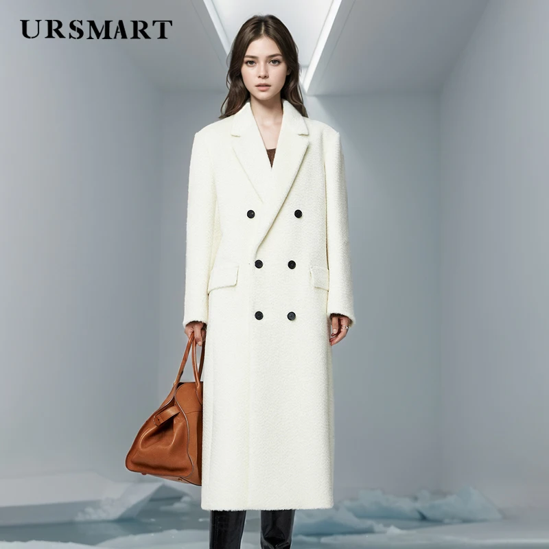 Customizable White Cashmere Blend Women's Coat - Double Breasted Knee-Length Elegant Workwear