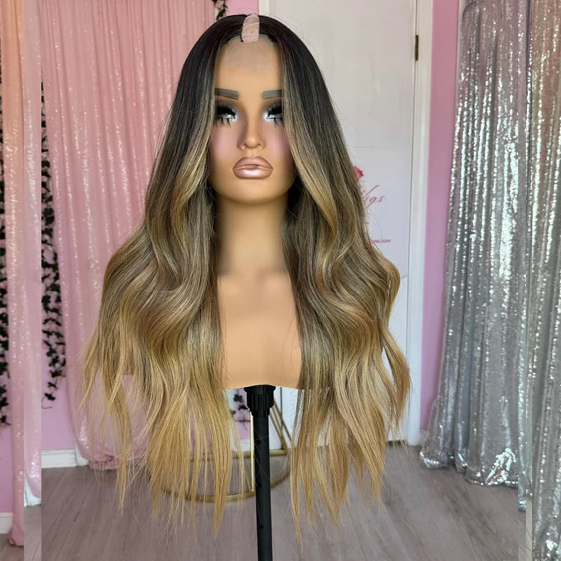 

Highlight Honey Golden Blonde V Part Wig 100% Human Hair Wig body Wavy Ombre Light #27 Brown Cheap Body Wavy Full U Shape Wigs