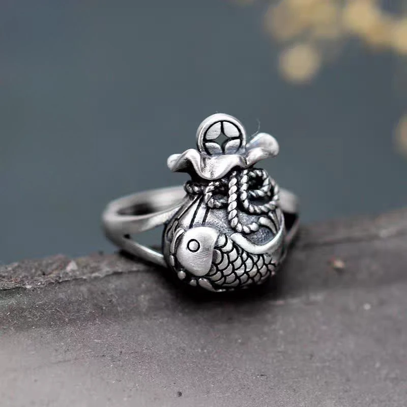 Chinese Style Fashionable Exquisite Money Bag Fish Shaped Ring Jewelry Gift 925 Silver Antique Style Finger Ring for Women