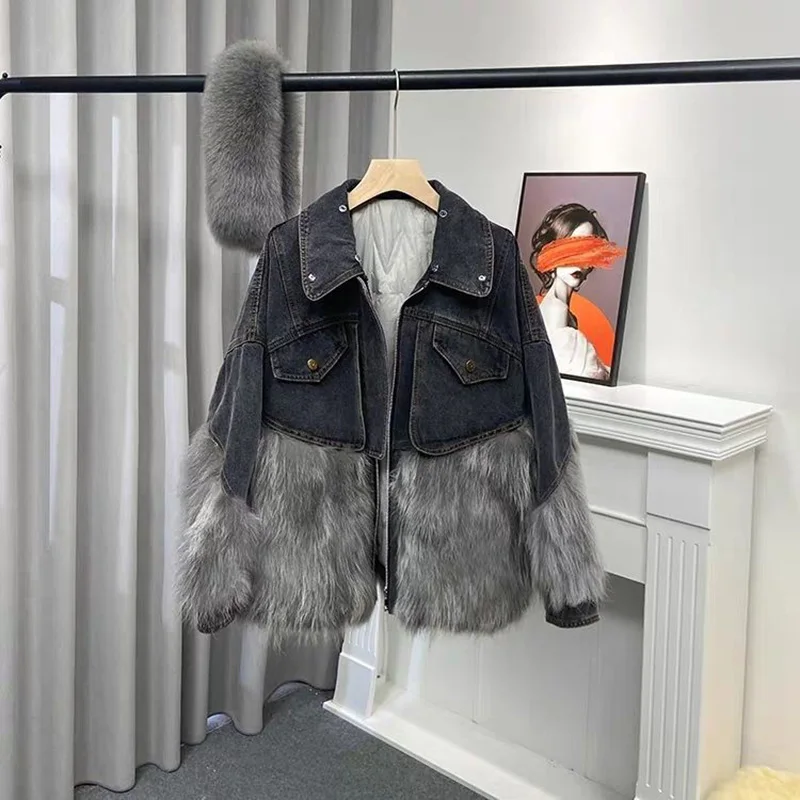 2024 Women Winter Fashion Thick Faux Fox Fur Jackets Female Patchwork Denim Coats Ladies Long Sleeve Loose Warm Outwear Clothes