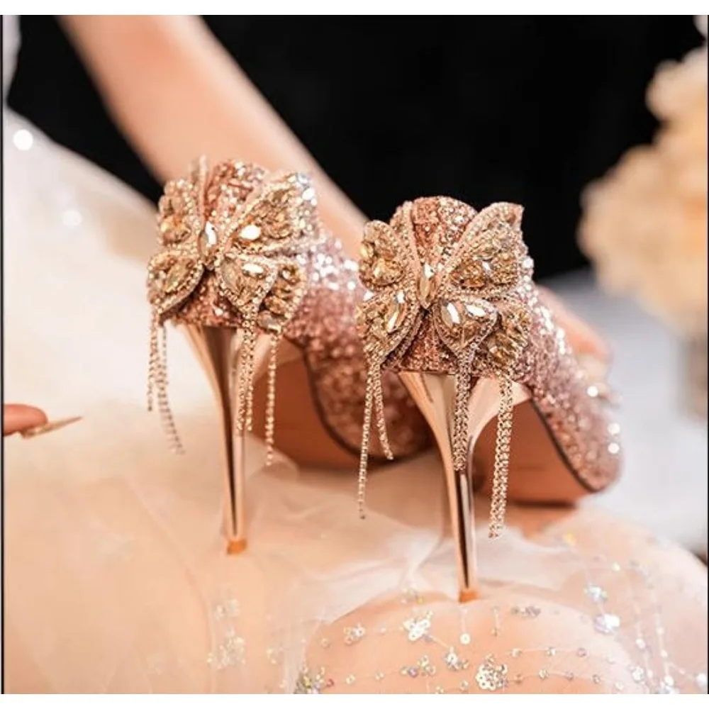 

New Luxury New French Crystal Silver High Heels WomensBow Solid Shining Womens Shoes WOMEN Pointed Toe Casual Pumps