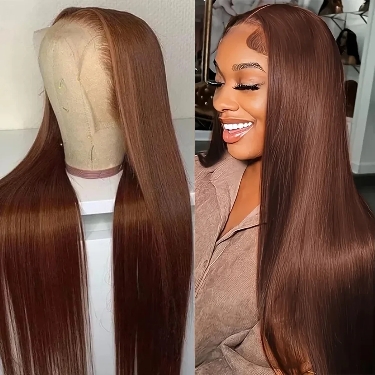 #4 Chocolate Brown 36 Inch 220% Density Straight 13x6 HD Transparent Lace Frontal Wig Real Brazilian Human Hair Wigs For Women