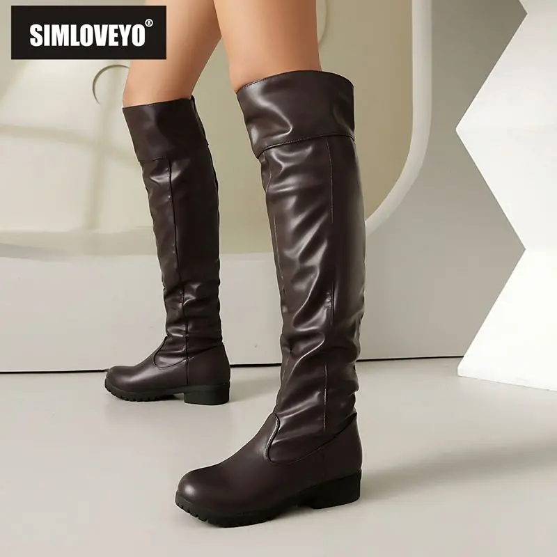

SIMLOVEYO 2025 Fashion Women's Thigh Boots Round Toe 3cm Thick Heels Zipper Large Sizes 49-51 Leisure Daily Knee-High Bota Sale