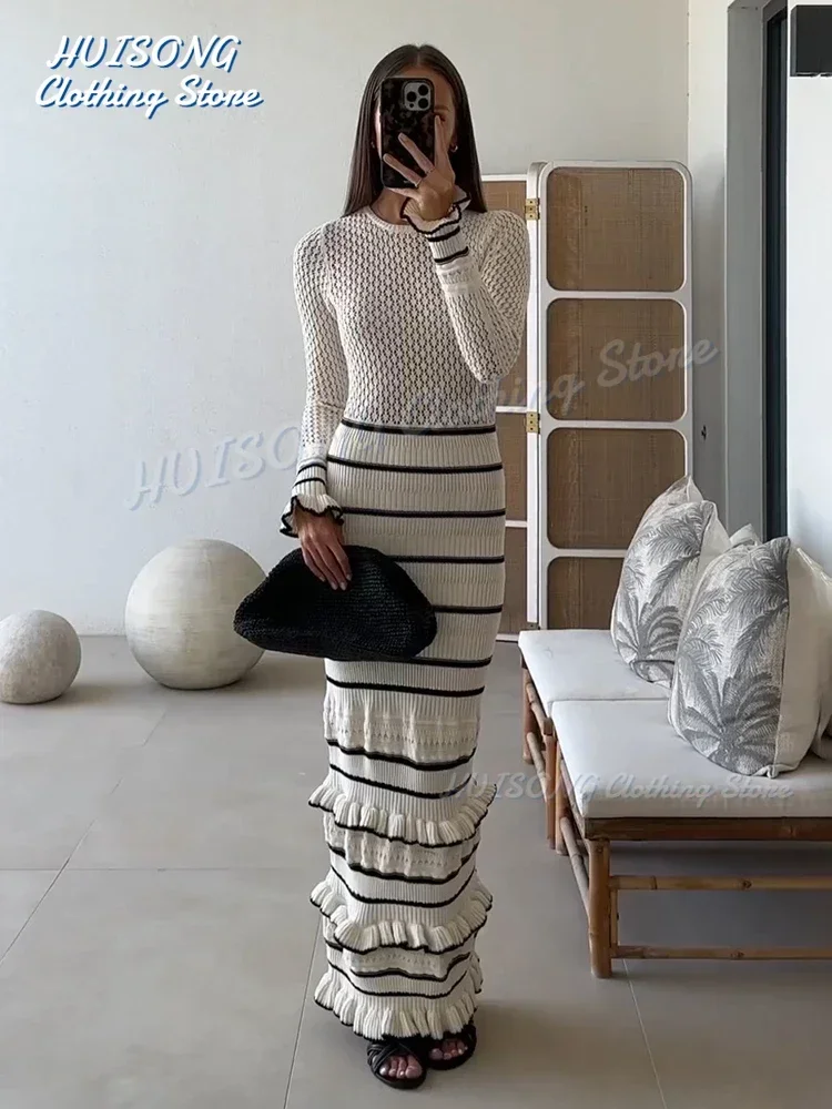 

Fashion Ruffled Bodycon Long Knitted Dress Women's Autumn Winter Contrast Color Patchwork Elegant Retro Dress Knitwear