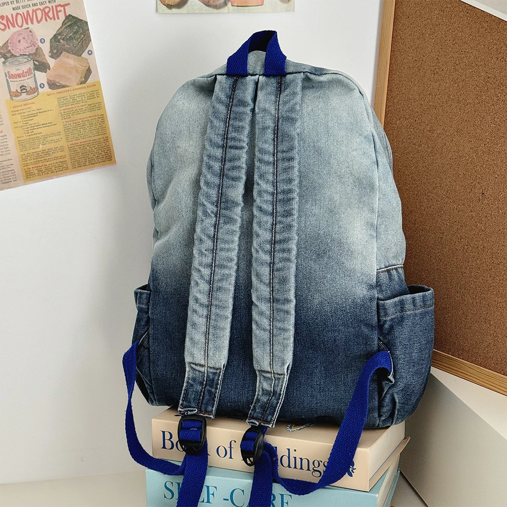 Relaxing Denim Gradient Star Shaped Backpack, College Student Leisure Travel Backpack, Large Capacity Backpack