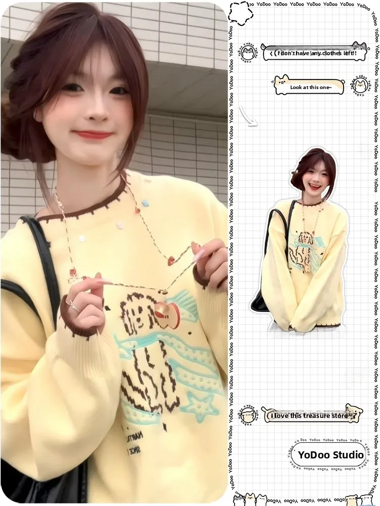 

Cute Yellow Dog Pattern Knitted Sweater Women's Loose Soft Autumn Winter Top Comfortable Long Sleeve round Neck Pullover