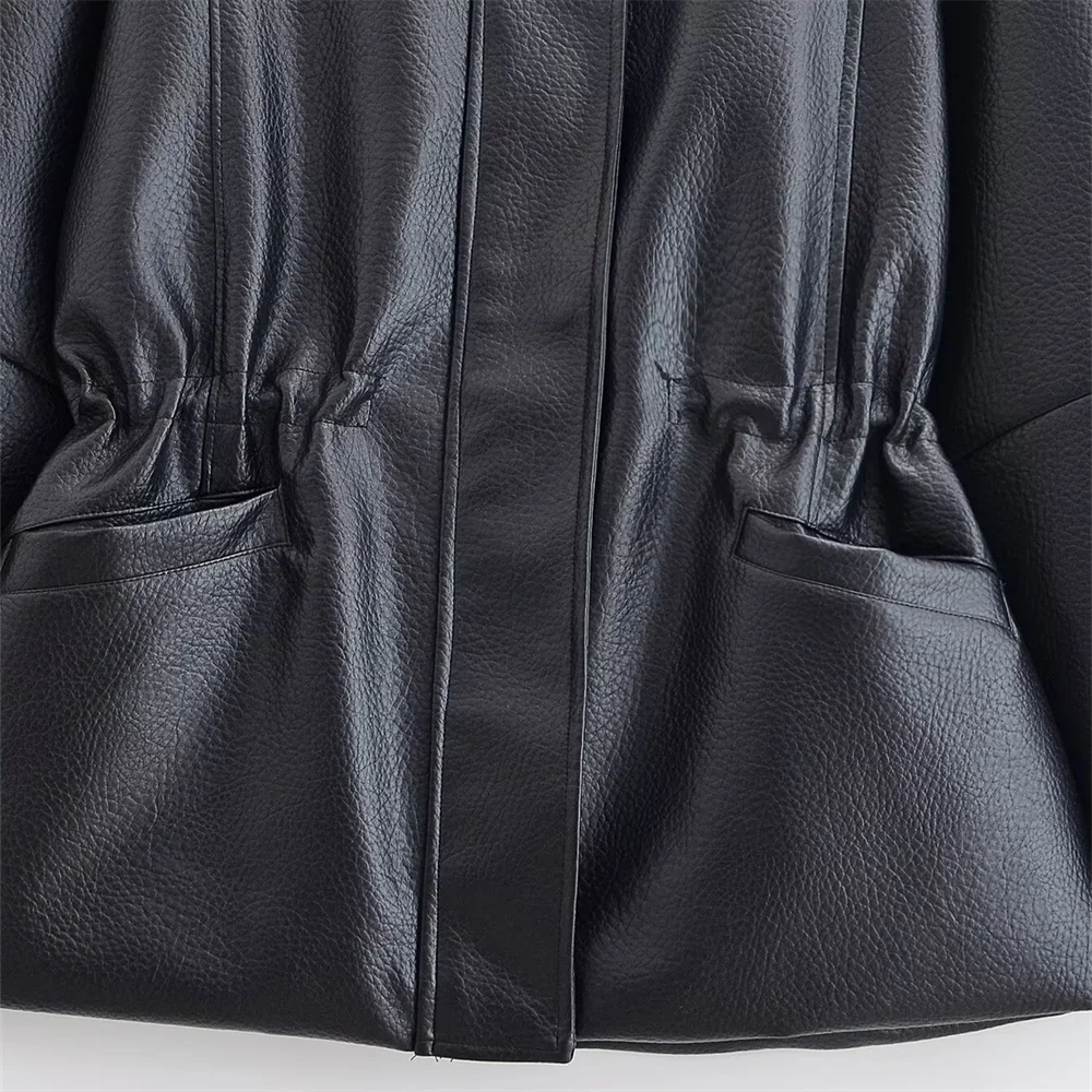 แจ็คเก็ตหนังเทียม PU แบบมีปกตั้ง แขนยาว ปรับเอวได้ มีกระเป๋า  สำหรับผู้หญิง รุ่นใหม่ ปี 2026