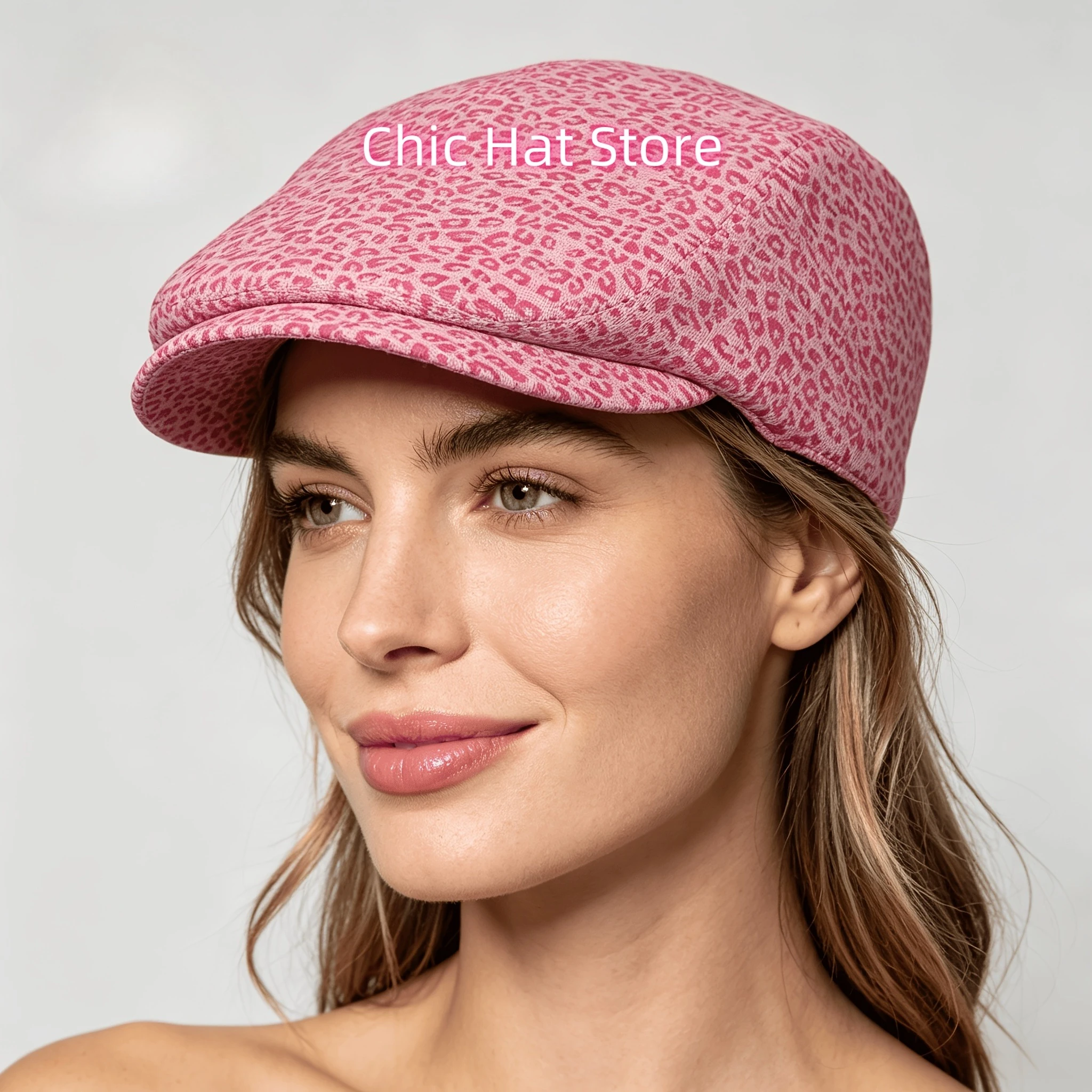 2D Flat - 1pc Pink Leopard Print Pattern Fully Printed Men And Women Adjustable Flat Cap Newsboy Beret Ivy Cap Irish Cabbie Forw