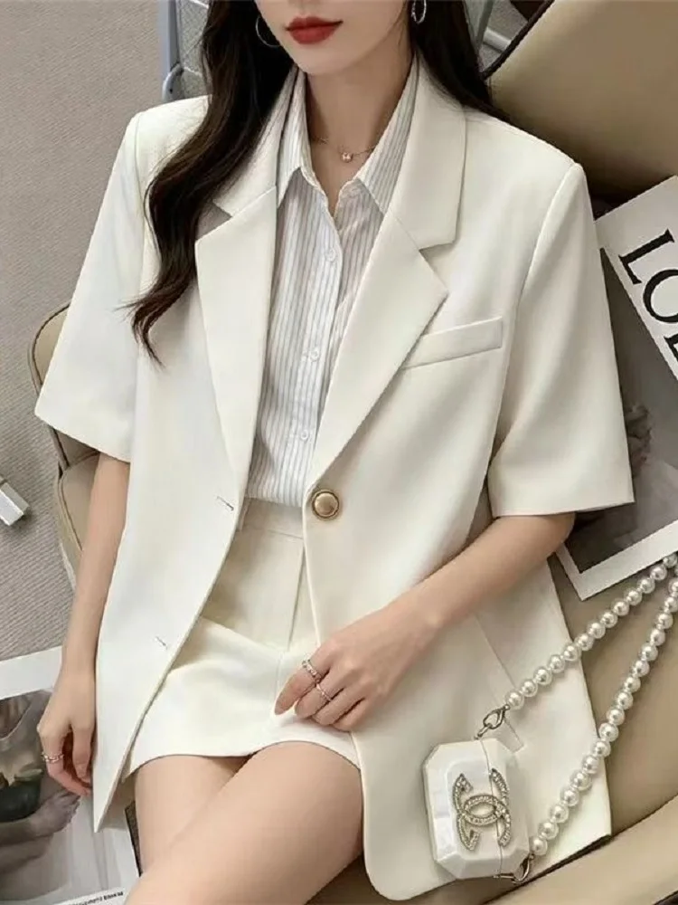 Ultra-Short Sleeve Women's  Jacket in Beige Color for Commuting 2026 Summer New Style Loose Fit Thin Polyester Fiber