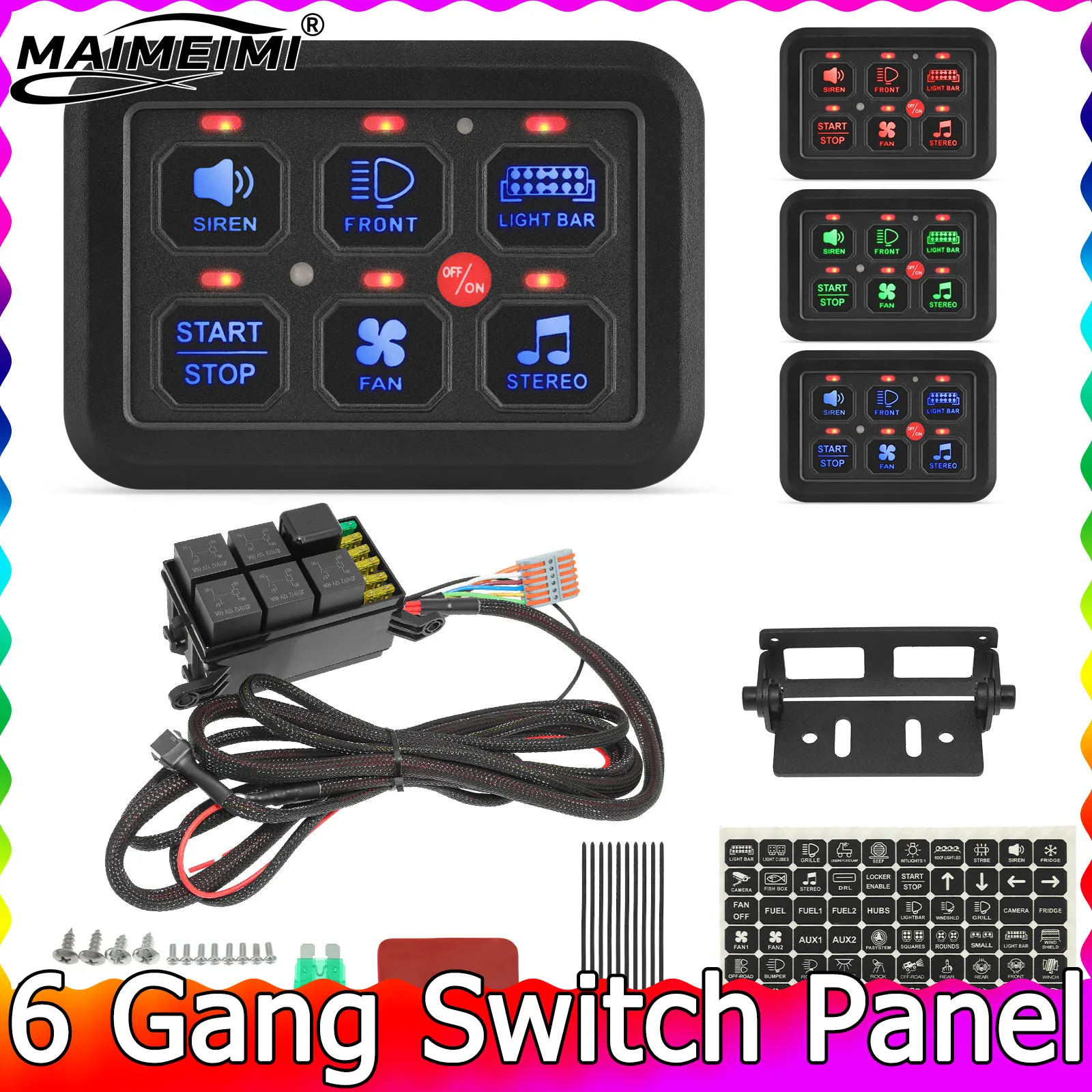 

6-бандовая панель переключателей для лодки, джипа, UTV, каравана, 12 В-24 В, светодиодная, 600 Вт-1200 Вт, релейная система управления цепью, тонкая сенсорная панель управления