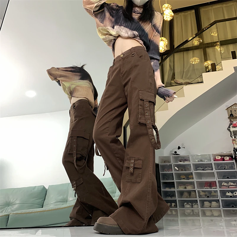 Trashy Y2K 2000S Streetwear Wine Red Baggy Flare Cargo Jeans Pants For Women Clothing Multi Pockets Straight Lady Trousers Ropa