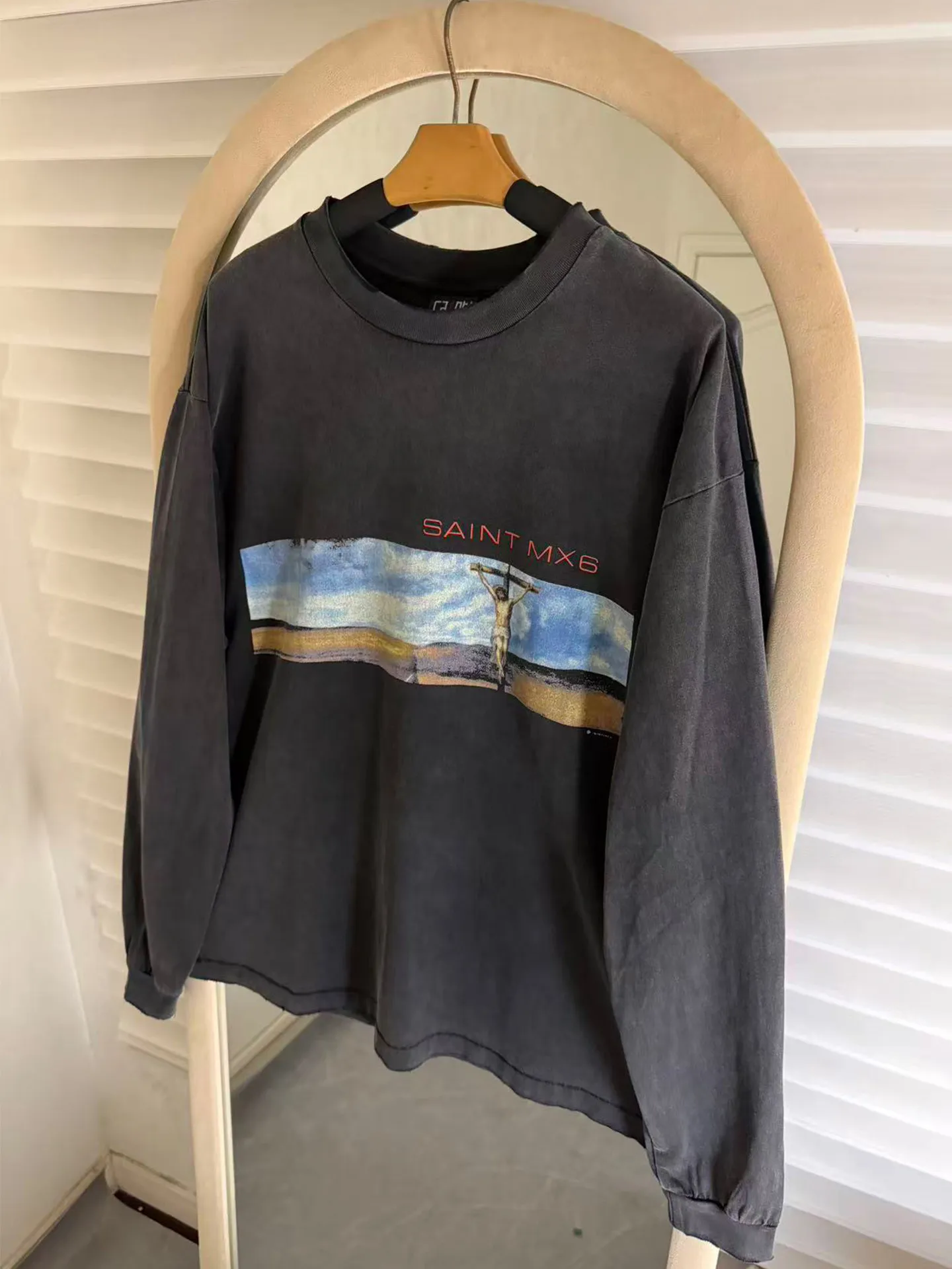 SSaint Michael American Streetwear Male-female Distressed Long-sleeved Printed T-shirt Top