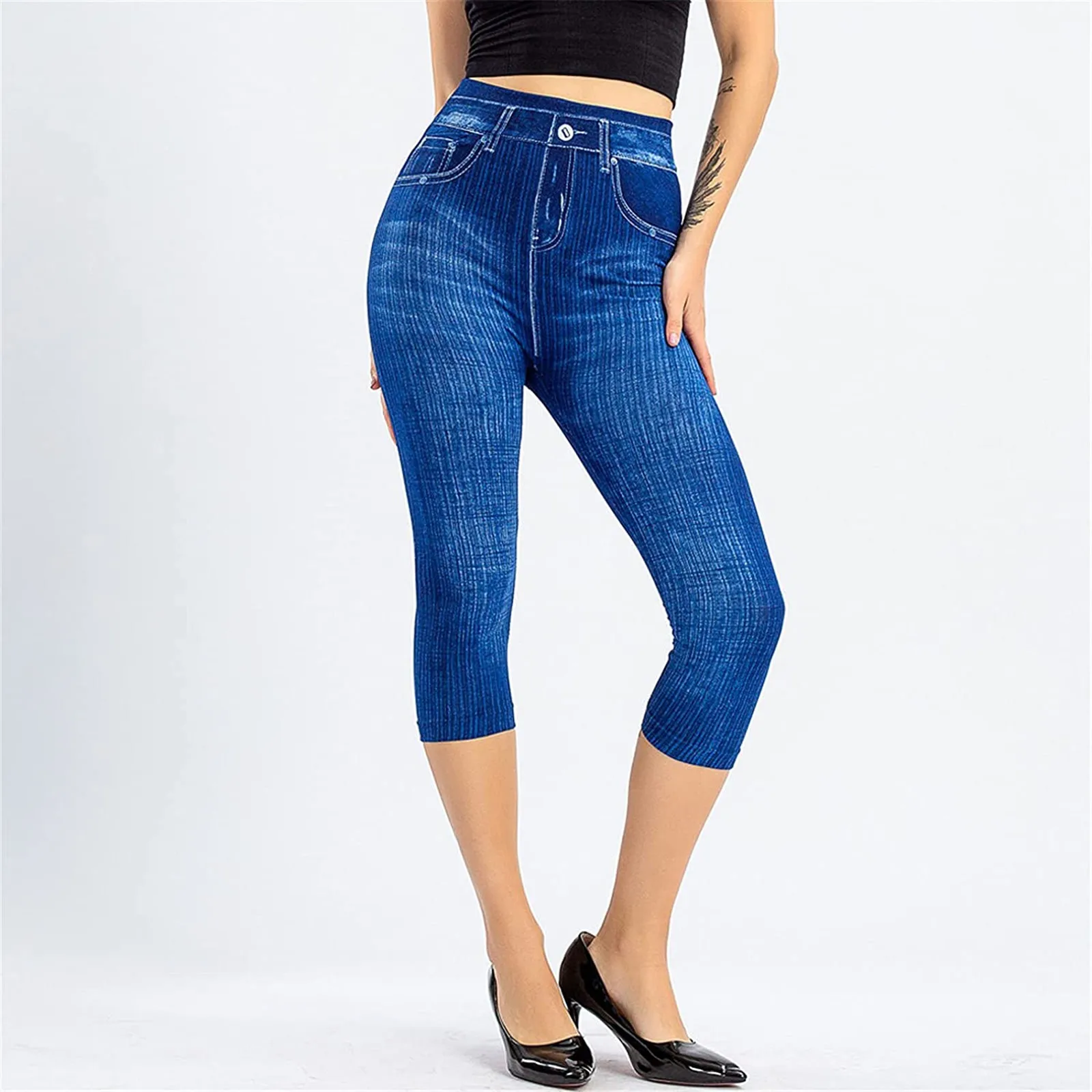 Women'S Cropped Pants Stretch Fitness Fake Pockets High Waist Butt-Lifted Faux Denim Jeans Soft Casual Thin Pencil Pants