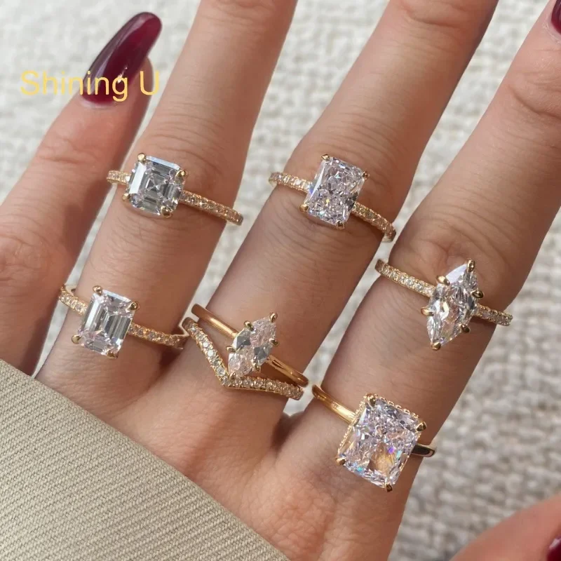 

Shining U S925 Silver High Carbon Diamond Marquise Cut Gems Ring Champaign Gold Fine Jewelry for Women Anniversary