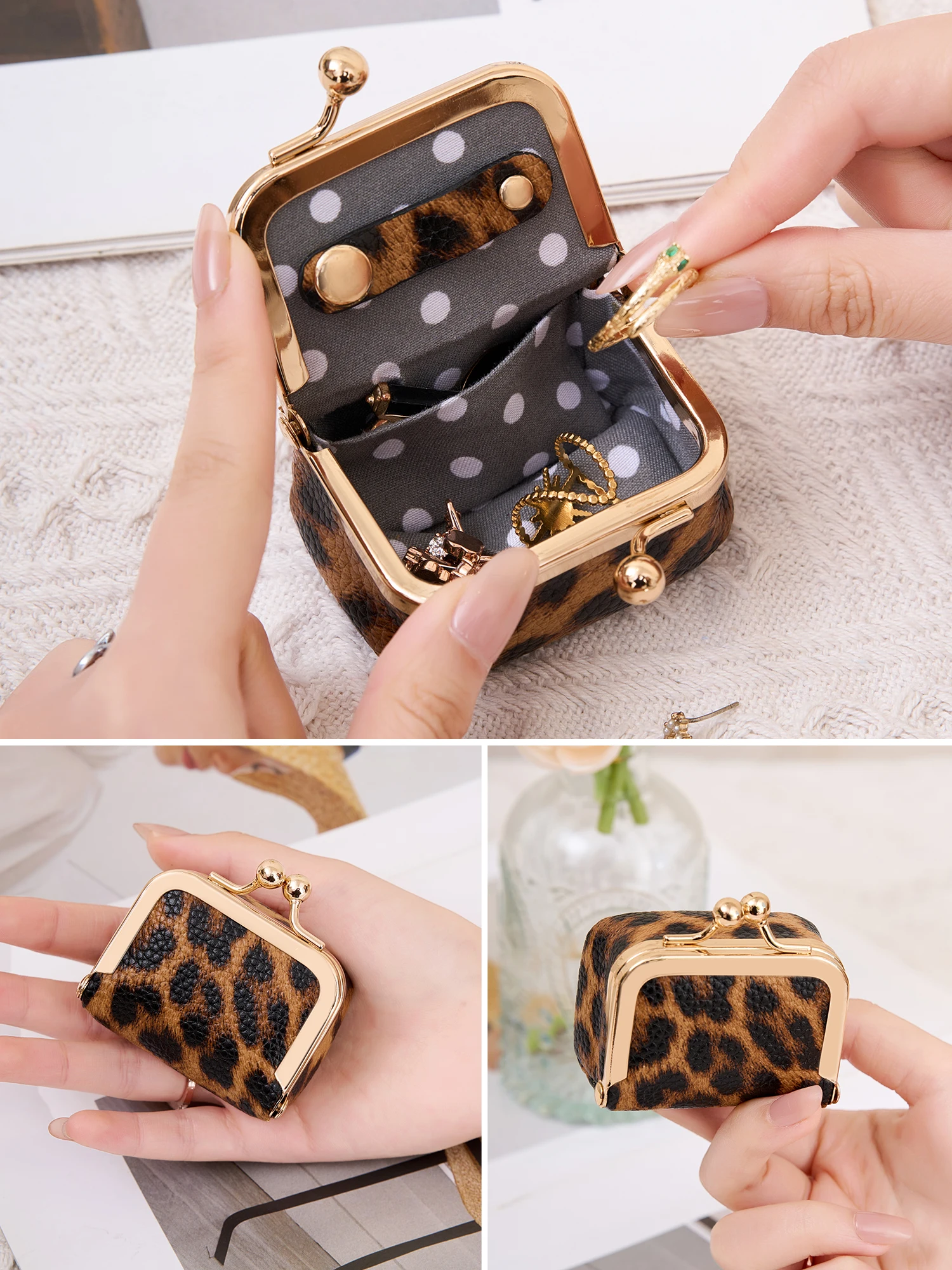 New Women's Solid Color Imitation PU Leather Jewelry Box, Ring, Necklace, Earring Storage Box, Mini Coin Wallet with Kiss Lock