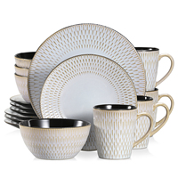 vancasso 16/32 Piece Beige Embossed Stoneware Tableware Set with 4PCS Dinner/Dessert Plate/Soup Bowl/Mug Service for 4/8/12