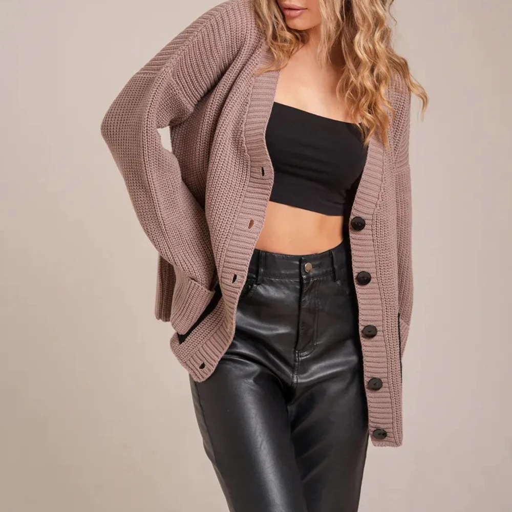 

Loose Women's Knitted Open Cardigan Spring Autumn New Style V-Neck Pocket Design Sweater Outerwear For Ladies Plus Size