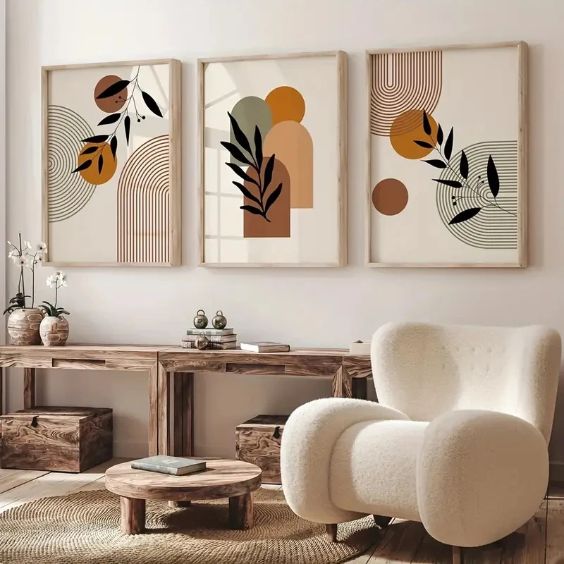 

3pcs/Set Bohemian-style Plant Geometric Abstract Posters, Retro Art Canvas Printing Wall Paintings, Modern Home Decoration