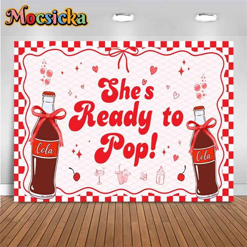 Mocsicka She's Ready To Pop Baby Shower Backdrop Red Checkered Cola Bottle Photography Background Birthday Photo Booth Banner
