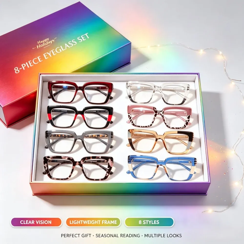 8 Pcs Holiday Ready Reading Glasses Gift Set, Assorted Shapes & Colors Eyeglasses, Perfect Christmas Halloween Gift for Parents & Friends, Daily Wear Fashion Eyewear