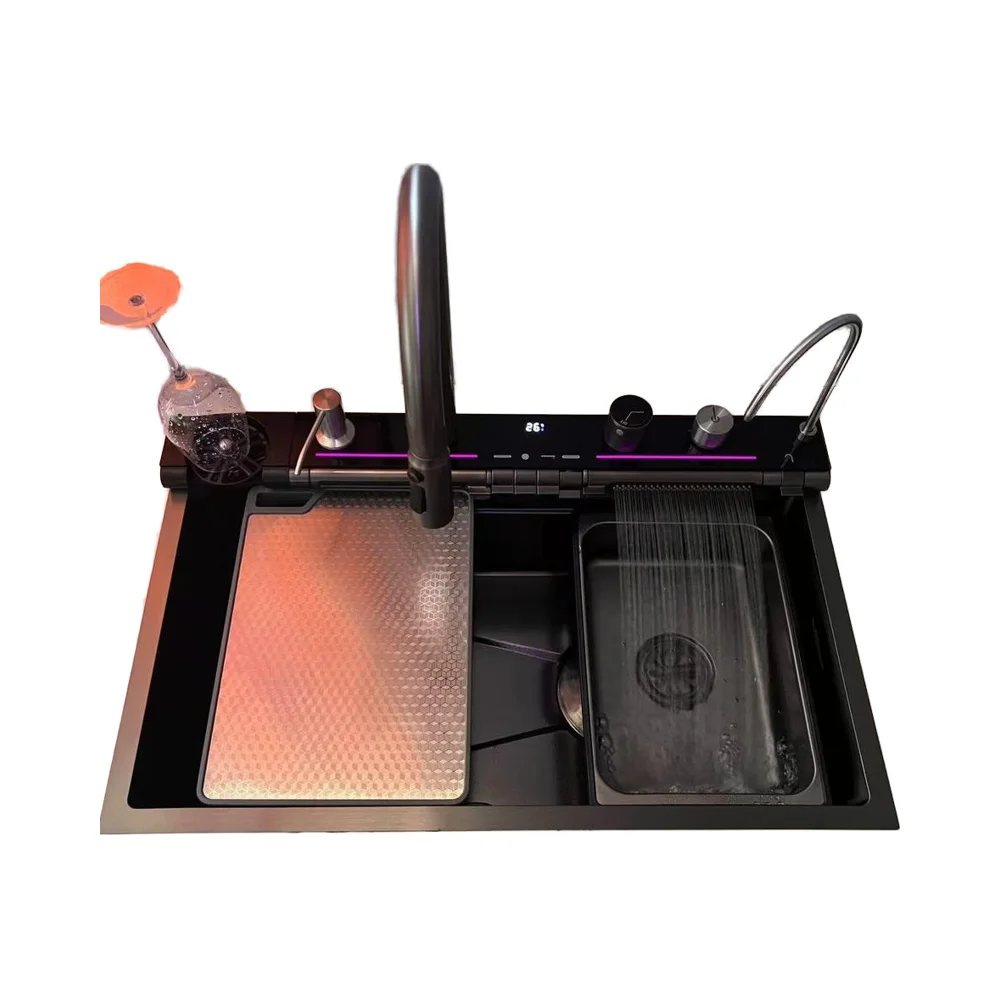 

High Quality 304 Stainless Steel Multifunctional Large Single Bowl Home Kitchen Sink, Light Emitting Diode Piano Waterfall Sink