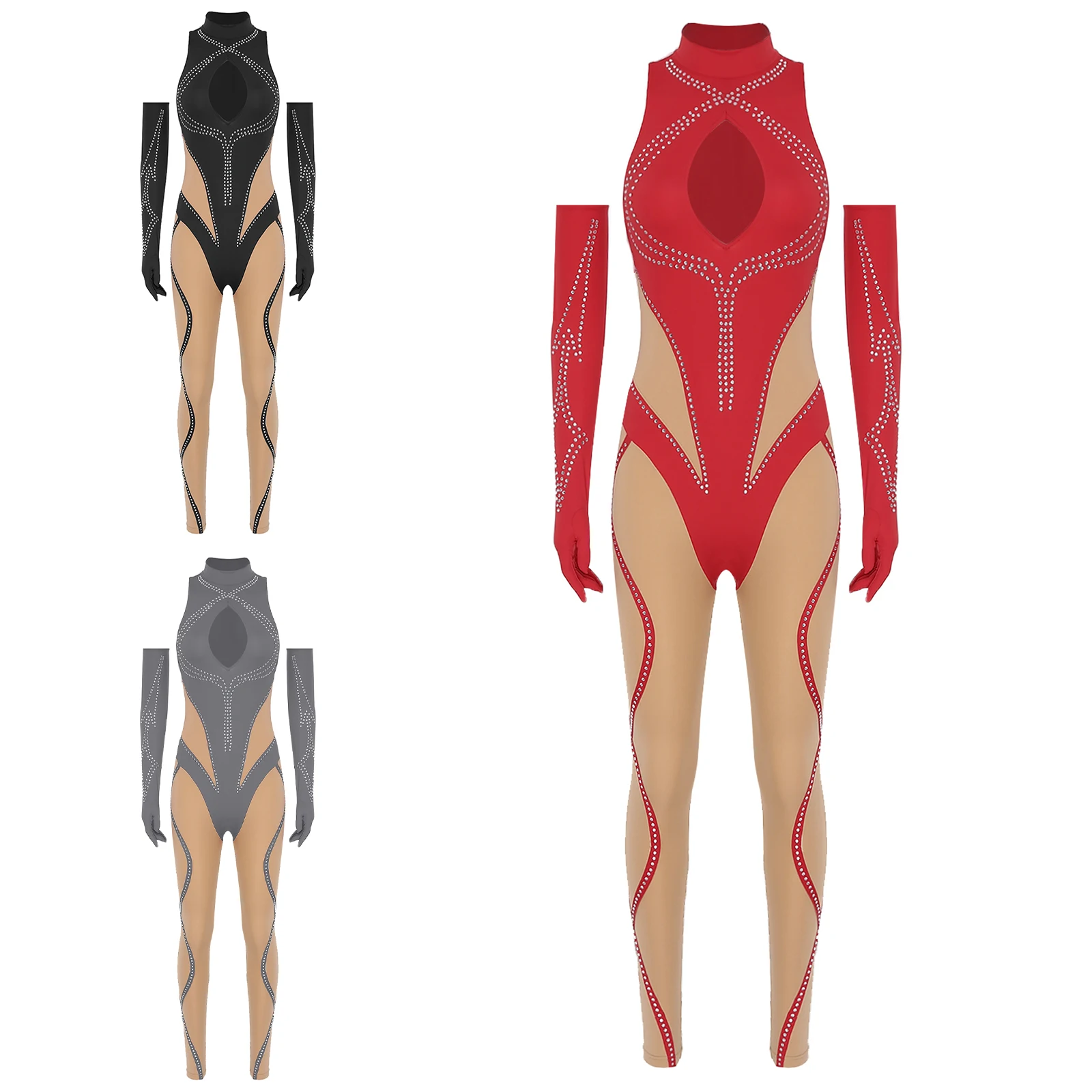 Glitzernder Damen-Gymnastik-Overall und lange Handschuhe mit langen Fingern, ärmellos, schmaler Strampler, Body für Yoga, Eiskunstlauf