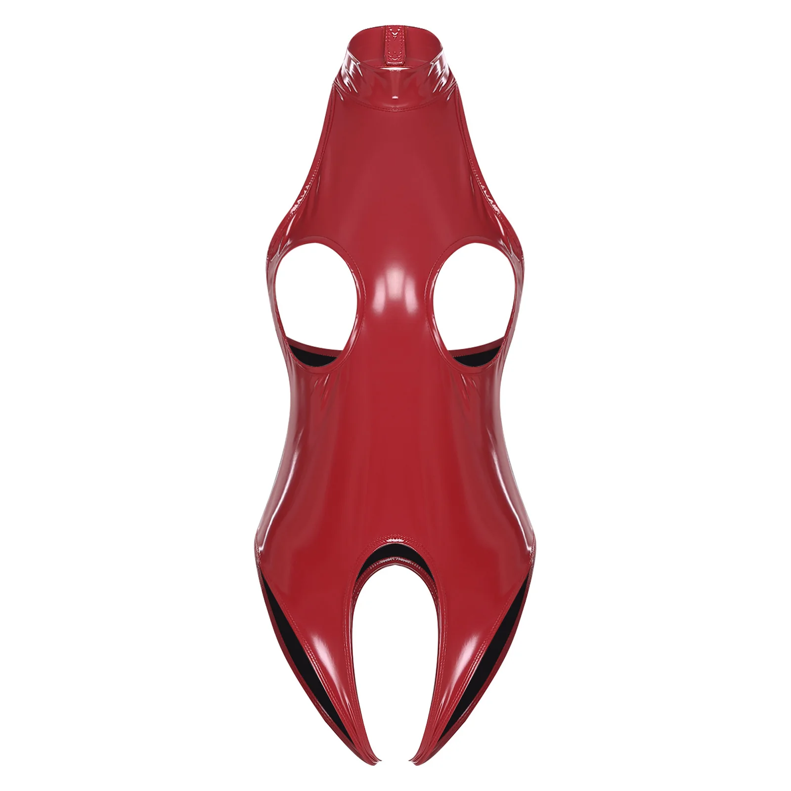 

Womens Lingerie Glossy PU Halter Latex Bodysuit Open Bare Exposed Nipples Backless Open Crotch Leotard Jumpsuit Catsuit Costume