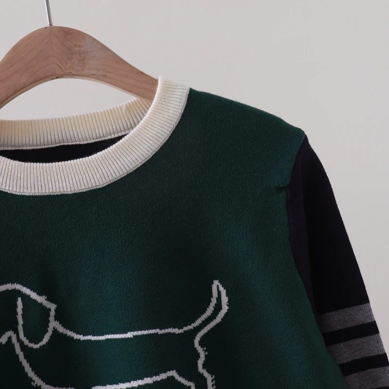 Autumn and Winter New TB Color Blocked Dog Jacquard Stripe Four Bar Round Neck Long Sleeve Knitted sweater with Bottom Sweater