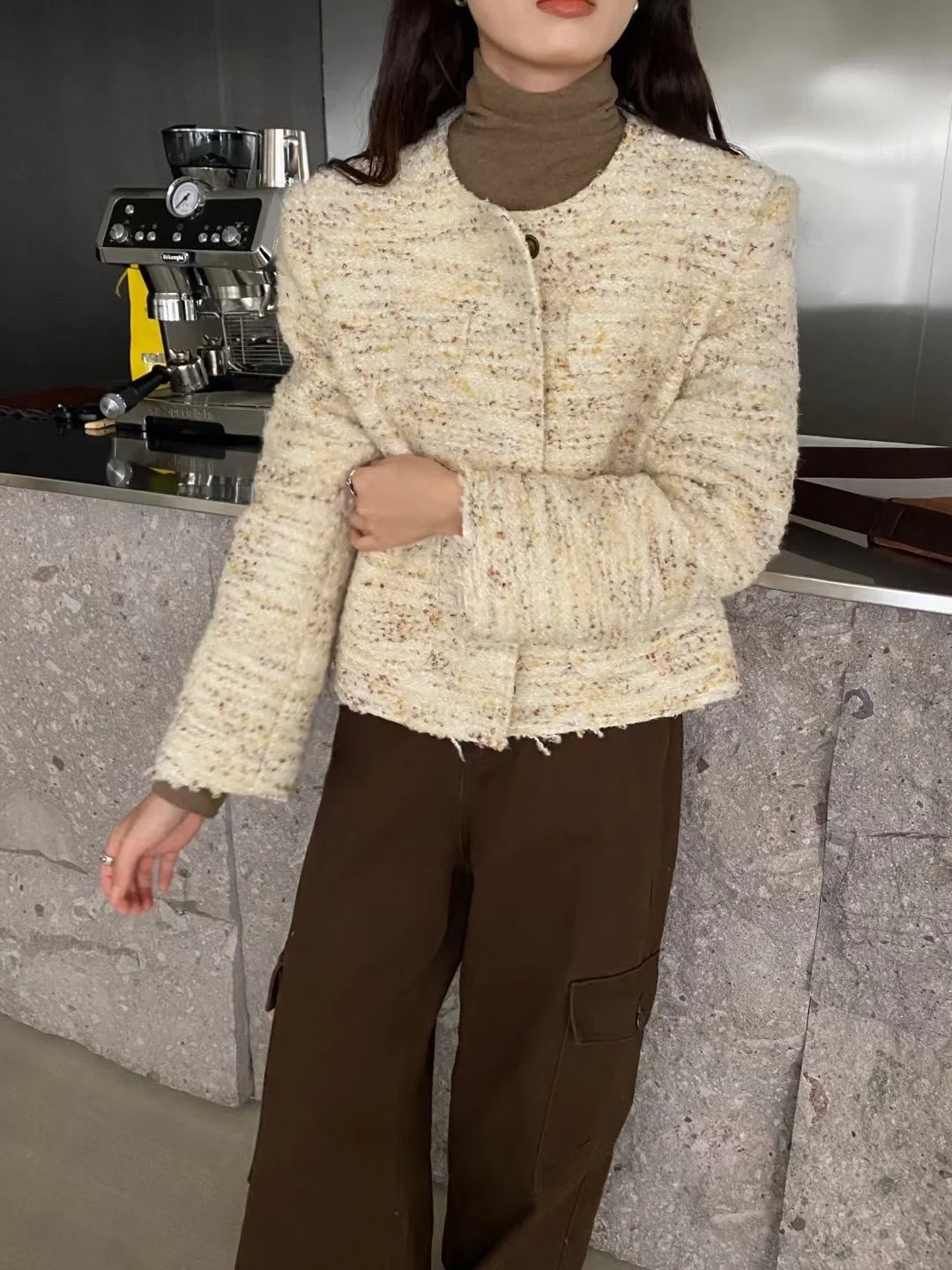 Obroża/kabát damski FST Color Blo ze skóry PU, jesienno-zimowy, elegancki, wełniany top w stylu vintage, modny wzór kaktusa