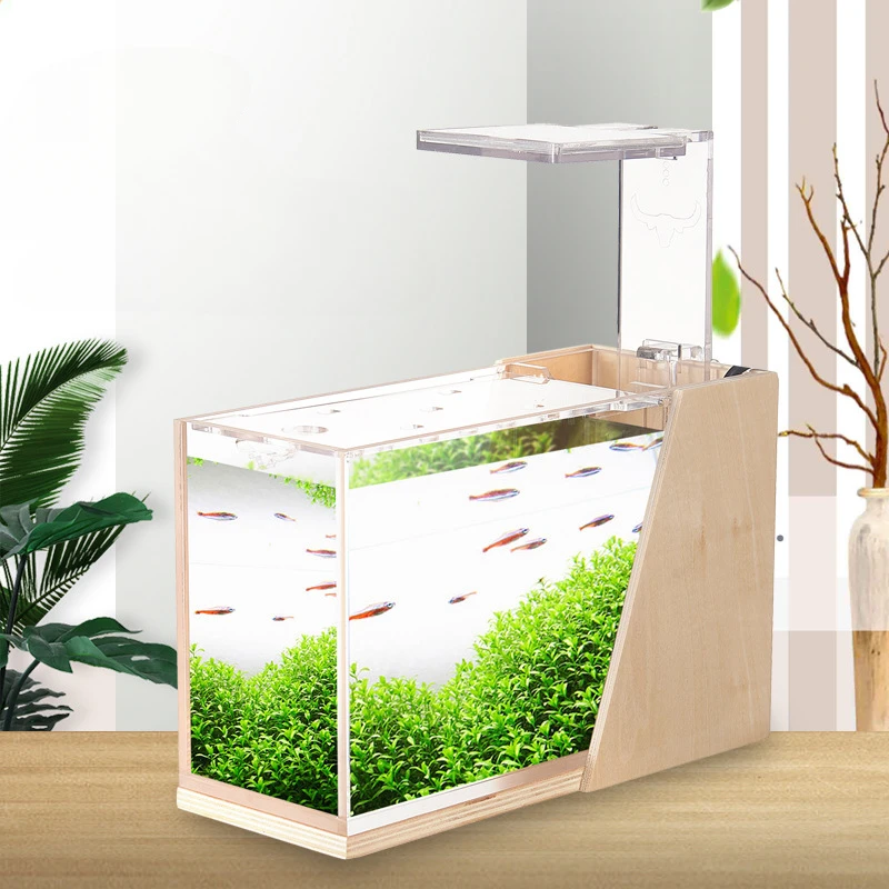 

Table Top Fish Aquarium No Water Change Mini Side Filter Landscape Acrylic Ecological Small Creative Office Aquarium Micro Tank