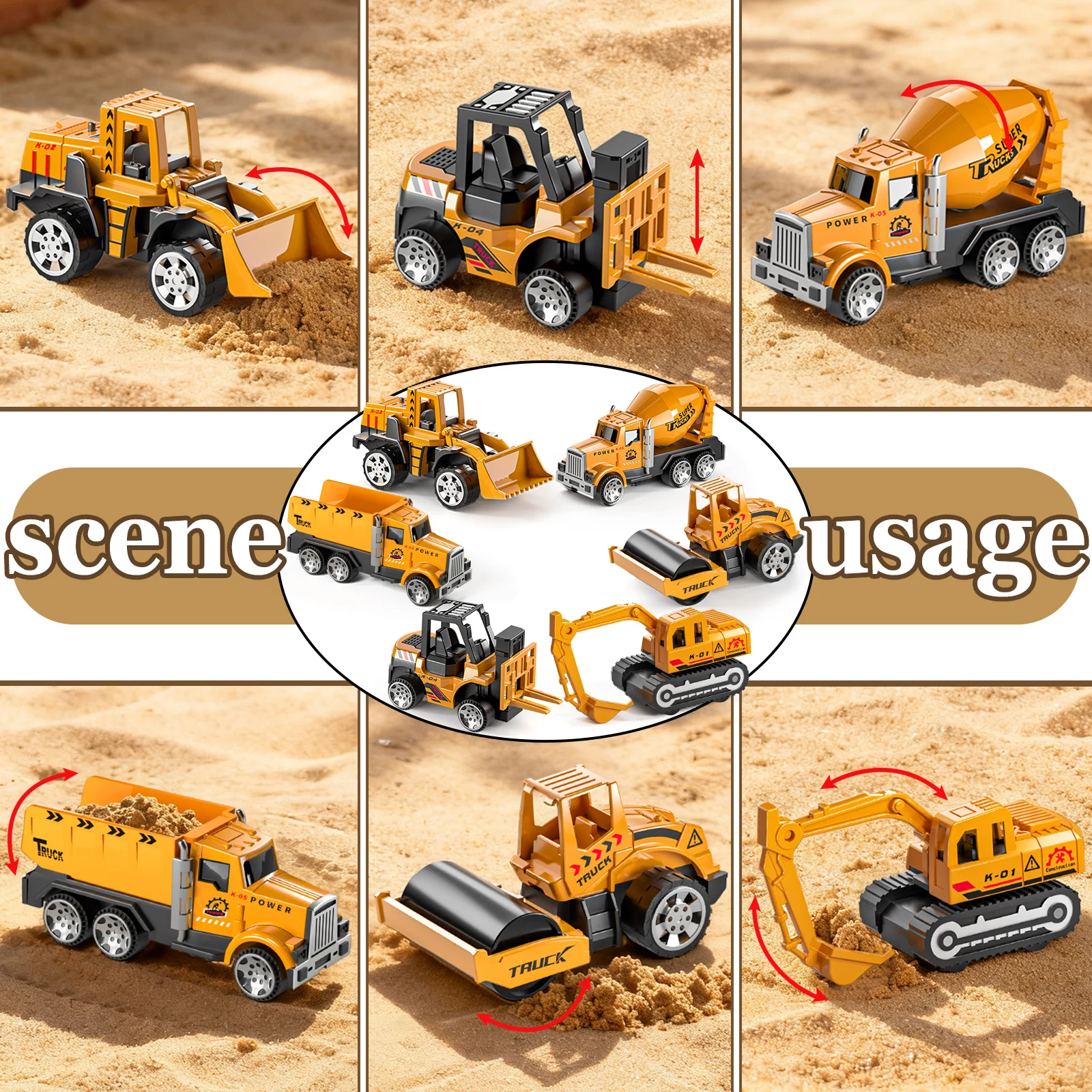 TEMI 대형 컨테이너 운송차 놀이 세트 (플레이 매트 & 6개 미니 엔지니어링 차량 모델 장난감 포함) 어린이 남아 선물