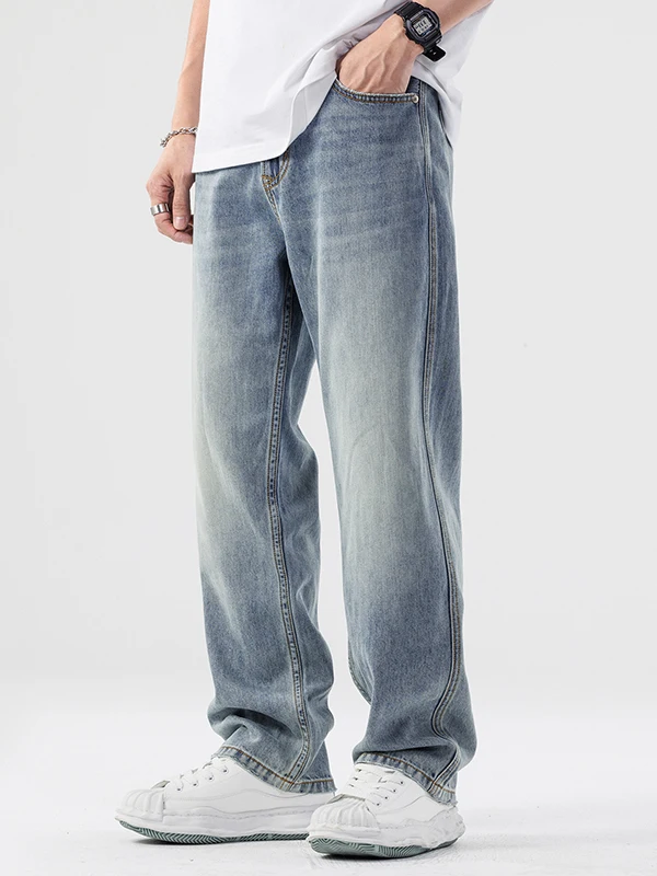 

Spring Autumn Men's Loose Straight Leg Jeans American Style Wide Leg Long Pants Casual Comfortable Blue Denim Trousers