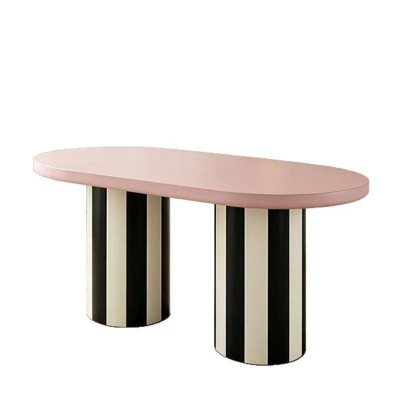 Cream style oval table Home Internet celebrity pink and white striped table Modern light luxury restaurant