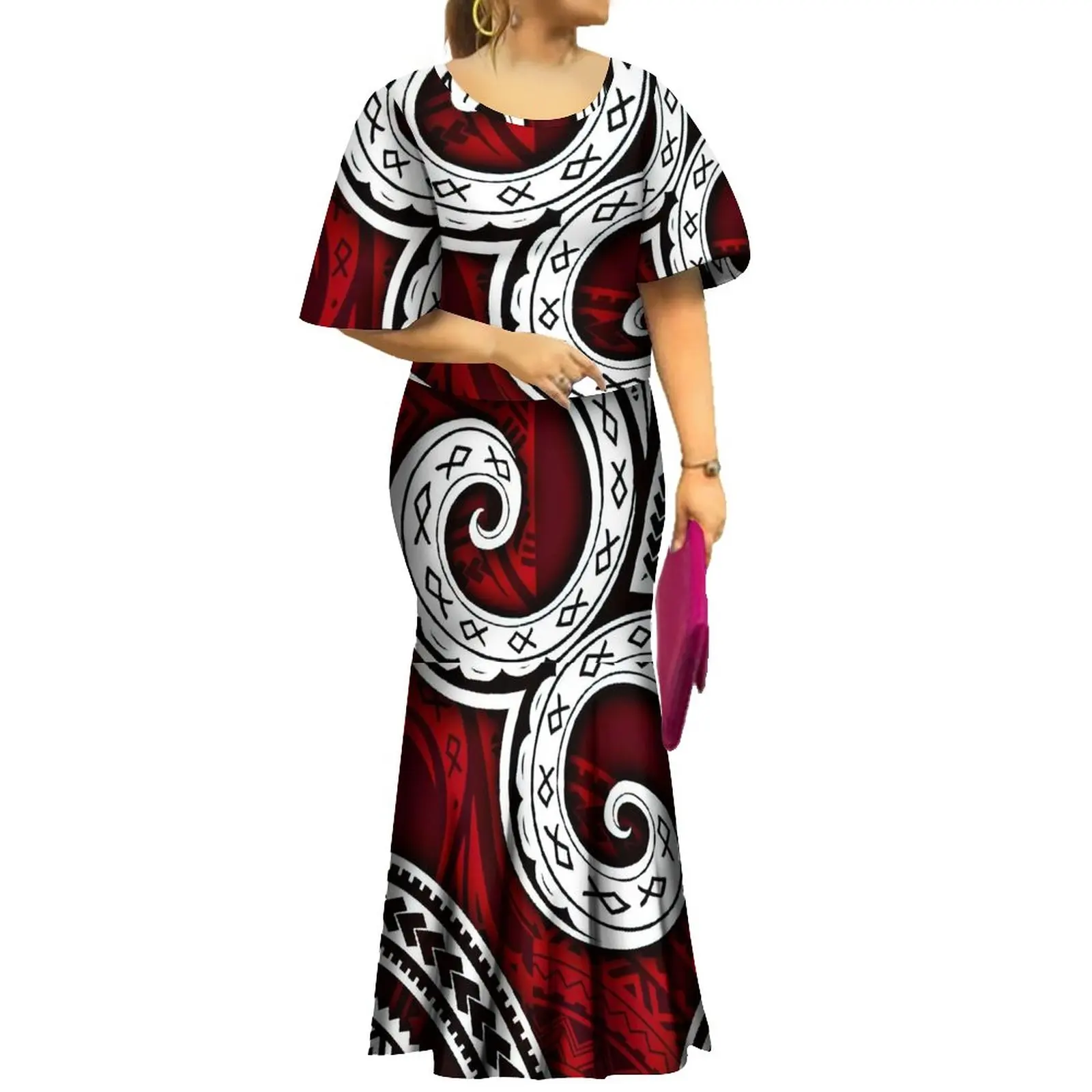 مجموعة ملابس نسائية جديدة لعام 2023 من Samoan Puletasi بطباعة على شكل خفاش وأكمام طويلة ذات ذيل السمكة من قطعتين فستان ملابس نسائية بولينيزية