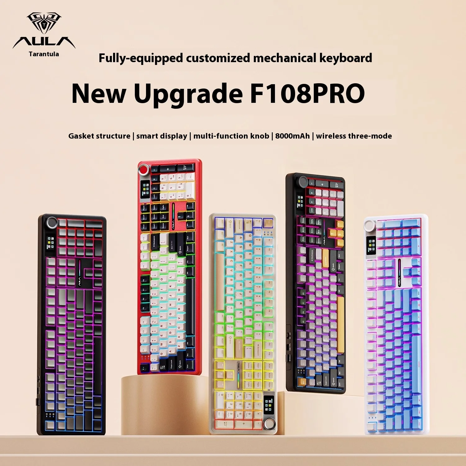 Aula F108 Pro Mechanical Keyboard Tri Mode Wireless Keyboard Custom Multi-Knob Screen 8000mAh Gasket RGB Keyboard PC Accessories