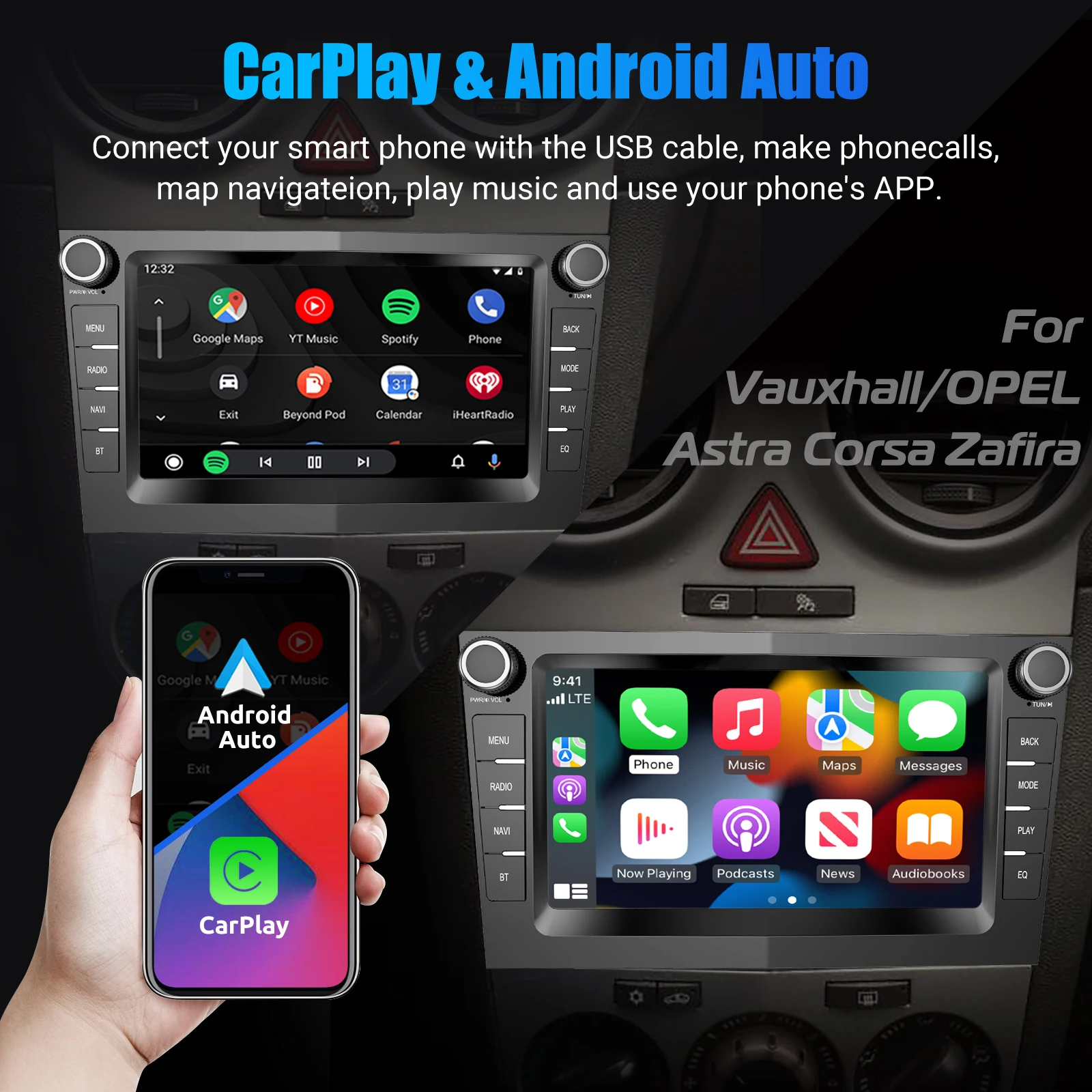 ESSGOO Negro Carplay Inalámbrico Android AUTO Para Opel/Vauxhall Corsa D Astra H Zafira Android 14 GPS Navegación Control Voz IA 7 Pulgadas Pantalla Táctil IPS Radio Coche WIFI BT Mandos Volante RDS FM Mirror Link 6