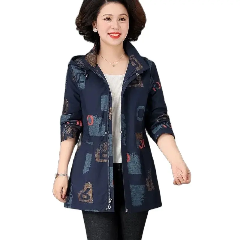 

Middle-Aged Mother Spring Autumn Windbreakers Leisure Women Coat New Loose Outerwear High-Grade Printed Zipper Ladies' Jacket