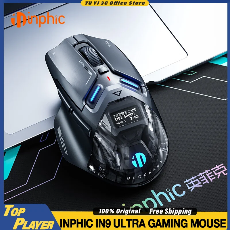 

INPHIC IN9 Ultra игровая мышь PAW3950 Флагманский датчик 750IPS 30000 точек на дюйм 800 мАч Длительный срок службы батареи OLED-дисплей BT 2,4G Беспроводная связь
