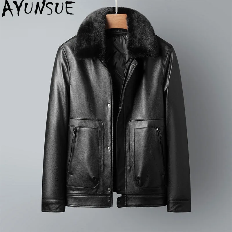 

AYUNSUE Top Layer Cowhide Genuine Leather Jacket Men Winter Down Coat Mink Fur Collar Black Coats Mens Clothes Jaqueta Couro