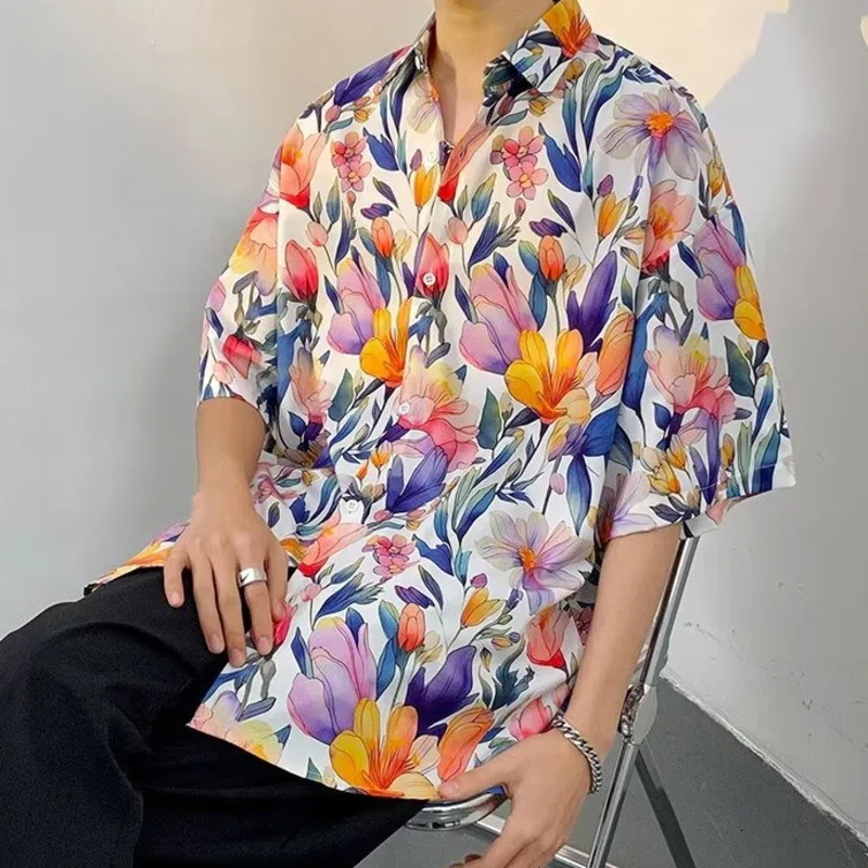 

Блузки с цветочным принтом тюльпанов для мужчин, рубашки с короткими рукавами, верхняя одежда для отпуска, модная уличная одежда, лето 2024, мужская свободная рубашка