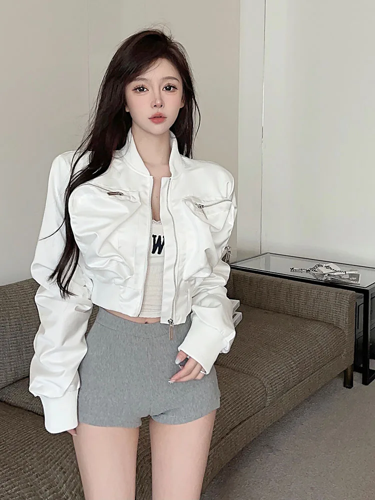 Y2k Bomber Jacket Women Baseball Jersey Jacket Zip Cropped Coat High Waist Spring Autumn Long Sleeve Outerwear Trend Tops Black