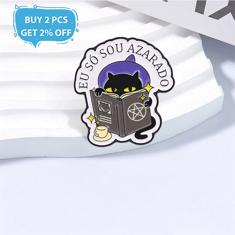 Cartoon Black Cat Witch Badge Reading Magic Book Enamel Pins Fashion Lapel Brooch Metal Backpack Clothes Jewelry Gift for Friend